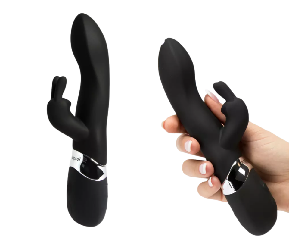 The black Tracey Cox Supersex Rabbit Vibrator on a white background.