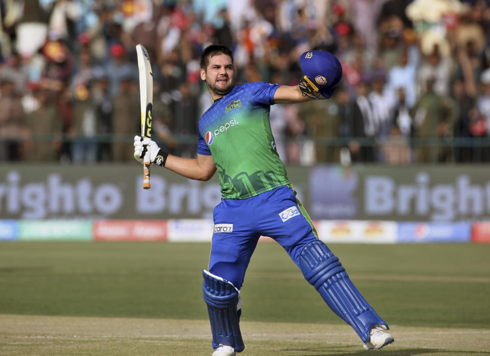 Multan Sultans batsman Rilee Rossouw reacts after complete his century against Quetta Gladiators during their Pakistan Super League T20 cricket match in Multan, Pakistan, Saturday, Feb. 29, 2020. (AP Photo/K.M. Chaudary)