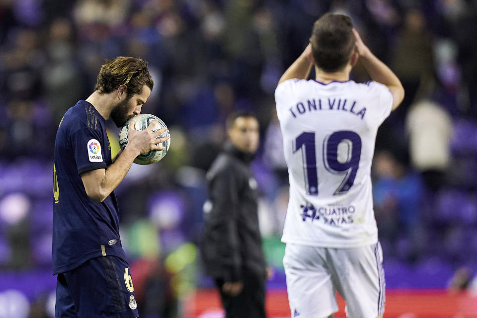 VALLADOLID, SPAIN - JANUARY 26: Nacho Fernandez of Real Madrid CF celebrates victory during the Liga match between Real Valladolid CF and Real Madrid CF at Jose Zorrilla on January 26, 2020 in Valladolid, Spain. (Photo by Quality Sport Images/Getty Images)