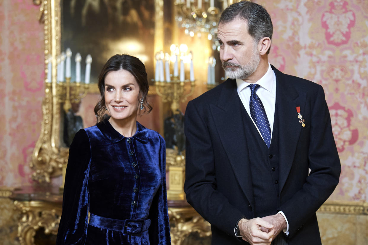 MADRID, SPAIN - FEBRUARY 05: King Felipe VI of Spain and Queen Letizia of Spain receive the Diplomatic Corps at the Zarzuela Palace on February 05, 2020 in Madrid, Spain. (Photo by Carlos Alvarez/Getty Images)