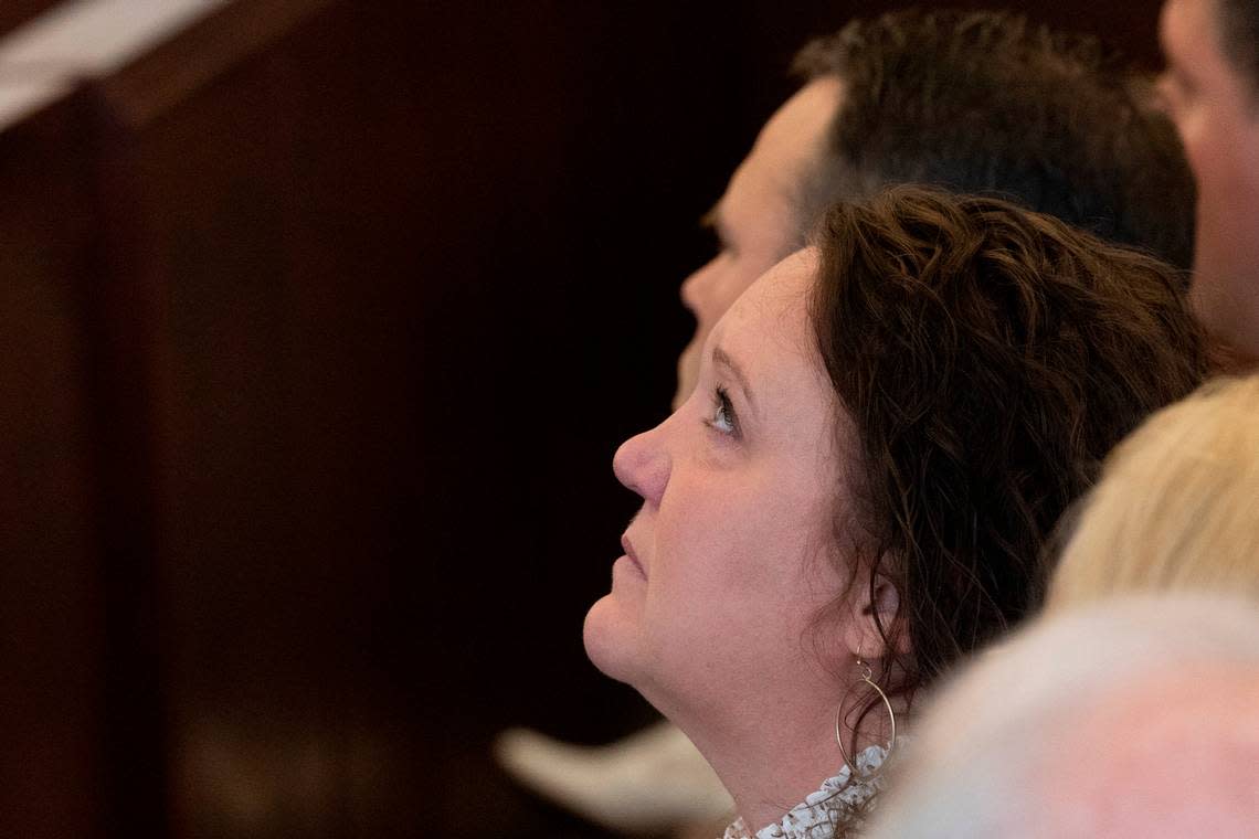 April Brooks, the mother of Hailey Brooks, the 11-year-old who was struck and killed during the Raleigh Christmas Parade, holds back tears during a bond hearing for Landon Glass, the driver who lost control of his truck. Glass faces a felony involuntary manslaughter charge.