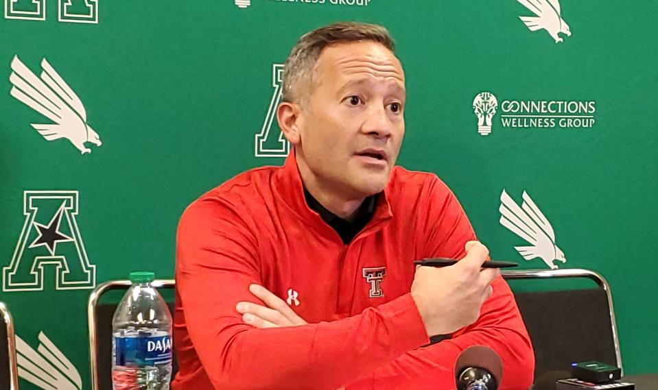 Grant McCasland speaks to the media after Texas Tech's basketball exhibition against Texas A&M, Sunday, Oct. 29, 2023, in the Super Pit at Denton.