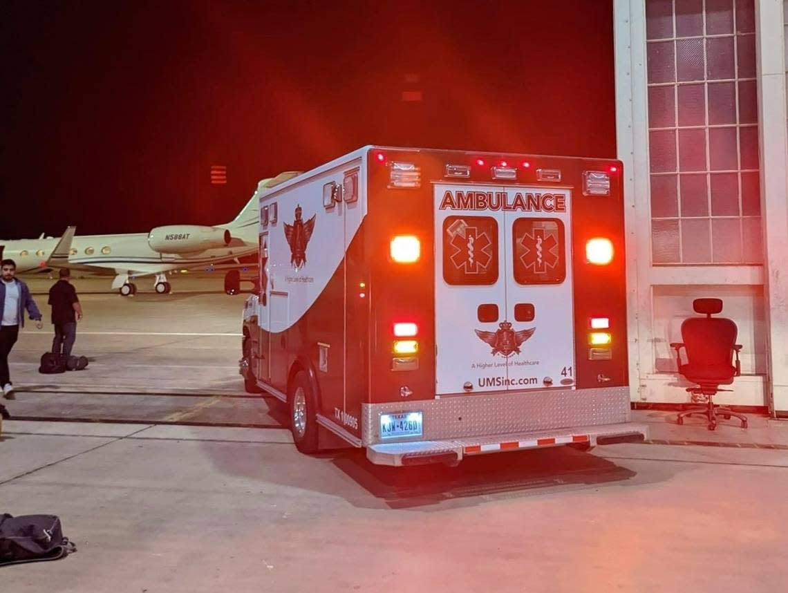 An ambulance met U.S. citizen Osman Khan on Oct. 1 at a military base in San Antonio, Texas, upon his return to the United States after he was freed from prison in Venezuela.