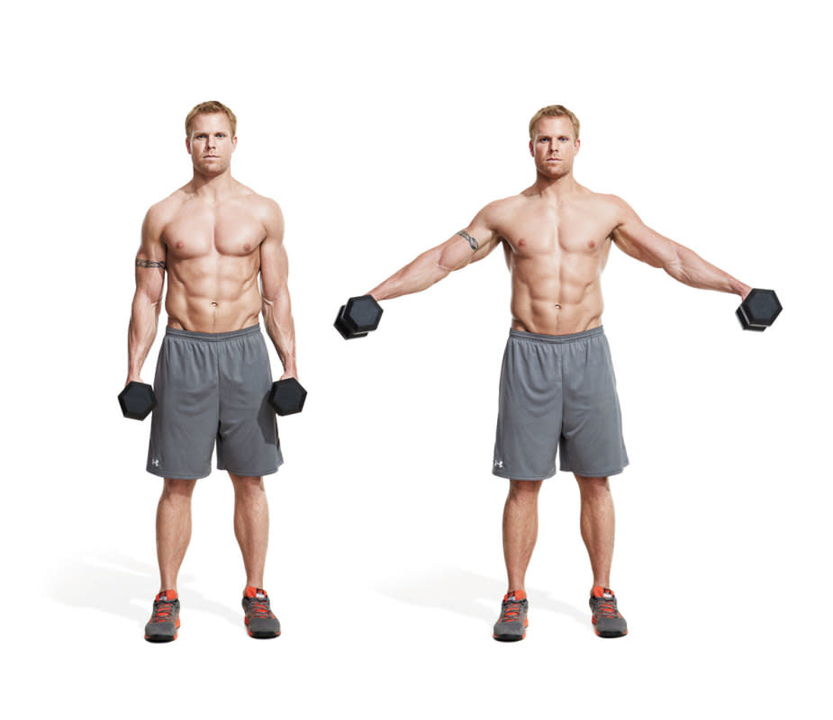 How to do it:<ul><li>Hold a <a href="https://www.mensjournal.com/gear/best-adjustable-dumbbells/" rel="nofollow noopener" target="_blank" data-ylk="slk:dumbbell;elm:context_link;itc:0;sec:content-canvas" class="link ">dumbbell</a> in each hand by your sides.</li><li>Without shrugging, use your upper body to swing the weights up a few inches.</li><li>Your <a href="https://www.mensjournal.com/tag/arms-workouts" rel="nofollow noopener" target="_blank" data-ylk="slk:arms;elm:context_link;itc:0;sec:content-canvas" class="link ">arms </a>and torso will form an upside down V shape.</li><li>Think of it as a lateral raise with momentum but without full range of motion.</li></ul>