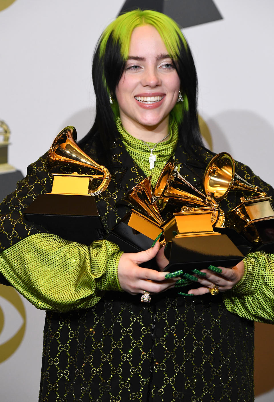 Billie Eilish poses at the 62nd Annual GRAMMY Awards at Staples Center on January 26, 2020 in Los Angeles, California. (Photo by Steve Granitz/WireImage)