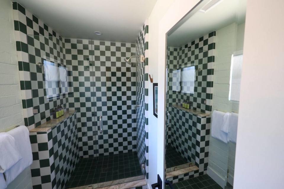 Shower and baths have been renovated with new tile at the River Lodge, a Paso Robles mid-century modern hotel built in 1947. Seen in these photos June 7, 2024.