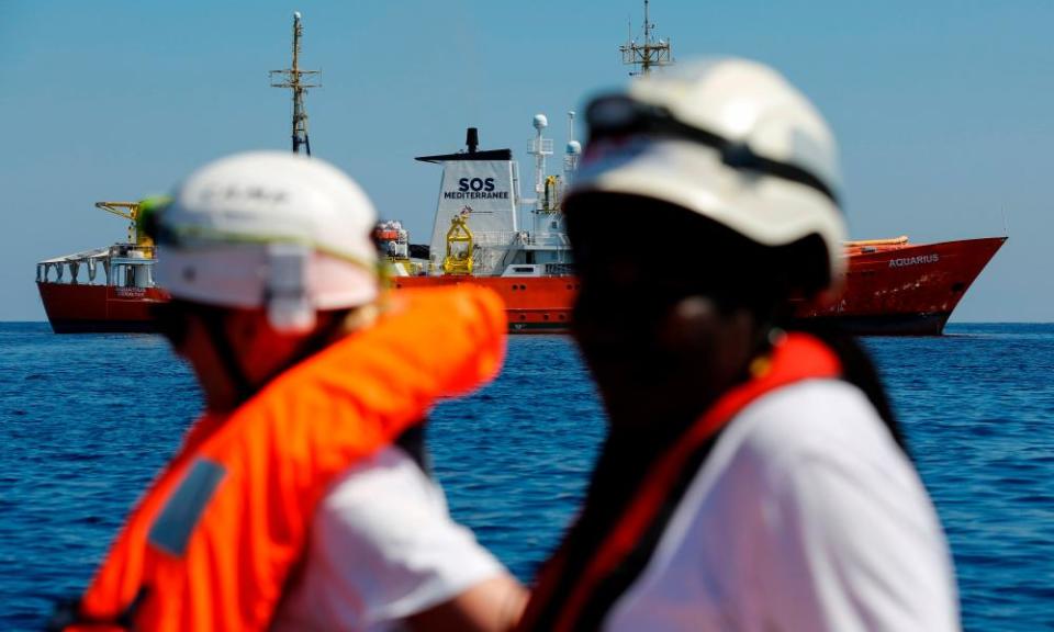 Members of SOS Méditerranée and ​Médecins Sans Frontières perform a rescue drill