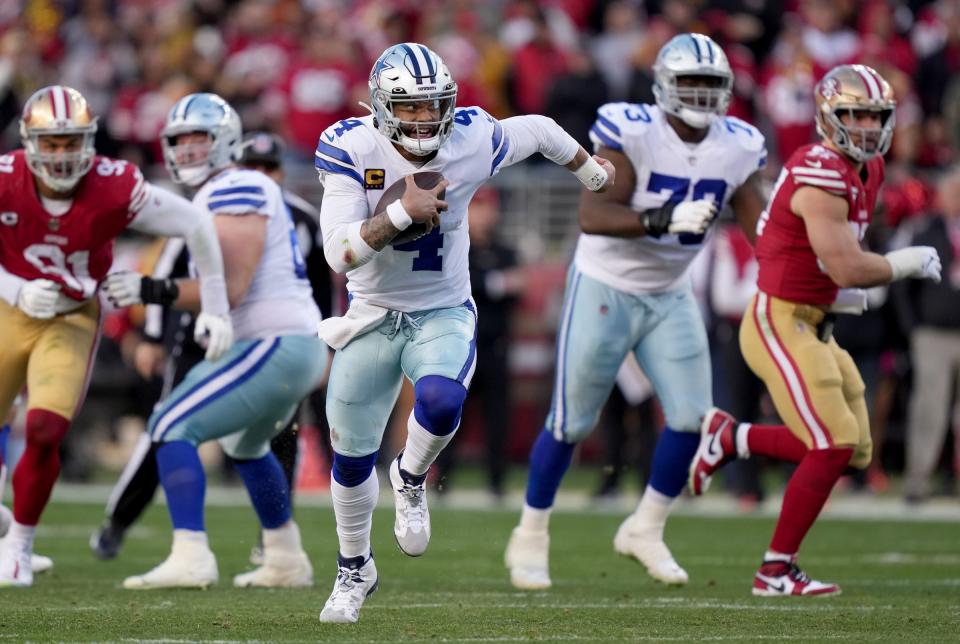 Jan 22, 2023; Santa Clara, California, USA; Dallas Cowboys quarterback Dak Prescott (4) runs during the second quarter of a NFC divisional round game against the San Francisco 49ers at Levi's Stadium. Mandatory Credit: Kyle Terada-USA TODAY Sports