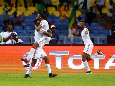 Football Soccer - African Cup of Nations - Burkina Faso v Cameroon - Stade de l'Amitie - Libreville, Gabon - 14/1/17. Burkina Faso celebrate scoring a goal. REUTERS/Mike Hutchings