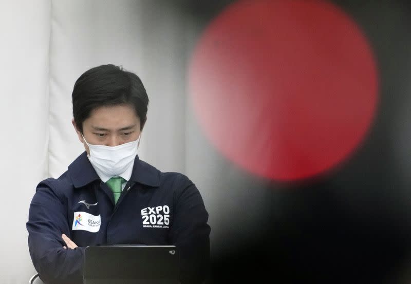 Osaka governor Hirofumi Yoshimura is pictured during a prefectural anti-coronavirus task force meeting in Osaka