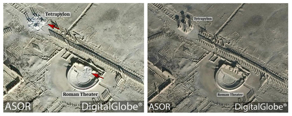 This combination of satellite images released by the American Schools of Oriental Research (ASOR) on Friday, Jan. 20, 2017 as captured by DigitalGlobe shows the Roman theater at the UNESCO World Heritage Site of Palmyra, Syria on Jan. 10, 2017 with new damages indicated in red, left, and the site on Dec. 26, 2016, right. Islamic State group militants destroyed a landmark ancient Roman monument and parts of the theater in Syria's historic town of Palmyra, the government and opposition monitoring groups said Friday. (ASOR/ DigitalGlobe via AP)