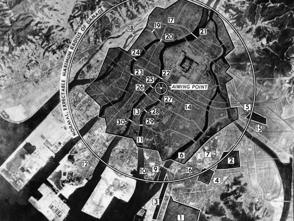 A photo-diagram of Hiroshima issued by the US army on August 9, showing Hiroshima and the levels of damage caused by the atomic bomb.