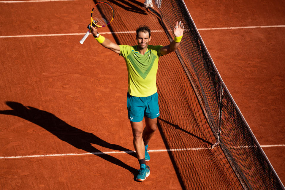 Rafa Nadal (pictured) celebrates after defeating Botic Van de Zandschulp at the French Open.