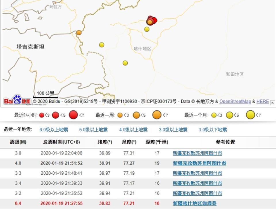 ▲新疆發生規模 6.4 強震。（圖／翻攝中國地震台網）