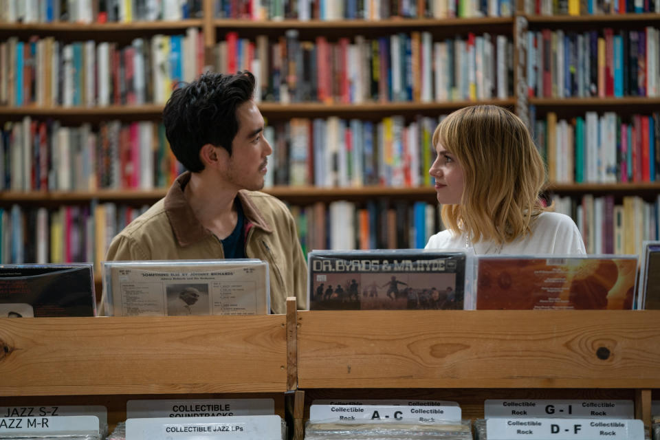 Justin H. Min and Lucy Boynton in THE GREATEST HITS. Photo by  Merie Weismiller Wallace, Courtesy of Searchlight Pictures. © 2024 Searchlight Pictures All Rights Reserved.