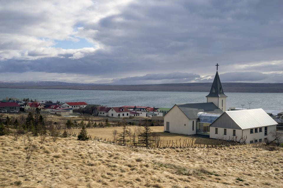 This photo taken on Thursday, April 30, 2020, shows a general view of the village of Hvammstangi in northern Iceland. High schools, dentists and hair salons are about to reopen in Iceland, which has managed to get a grip on the coronavirus through the world’s most extensive regime of testing. By identifying infected people even when they had no symptoms, the tiny North Atlantic nation managed to identify and isolate cases where many bigger countries have struggled. (AP Photo/Egill Bjarnason)