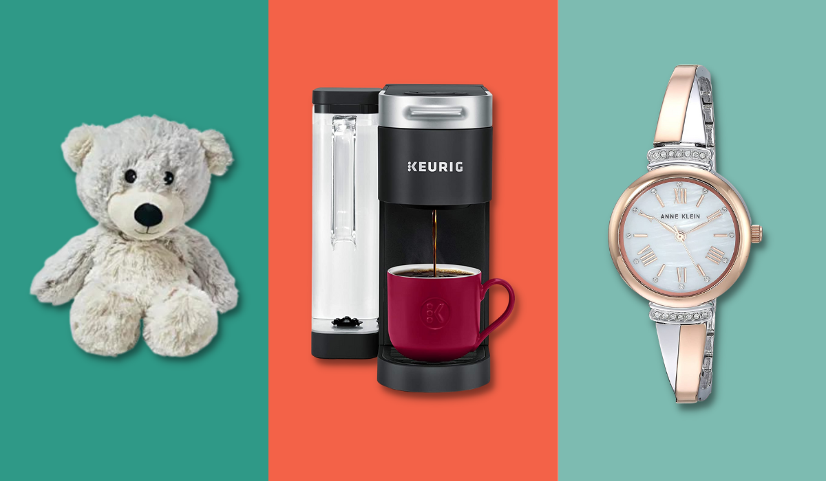 Plush bear, coffee maker, watch