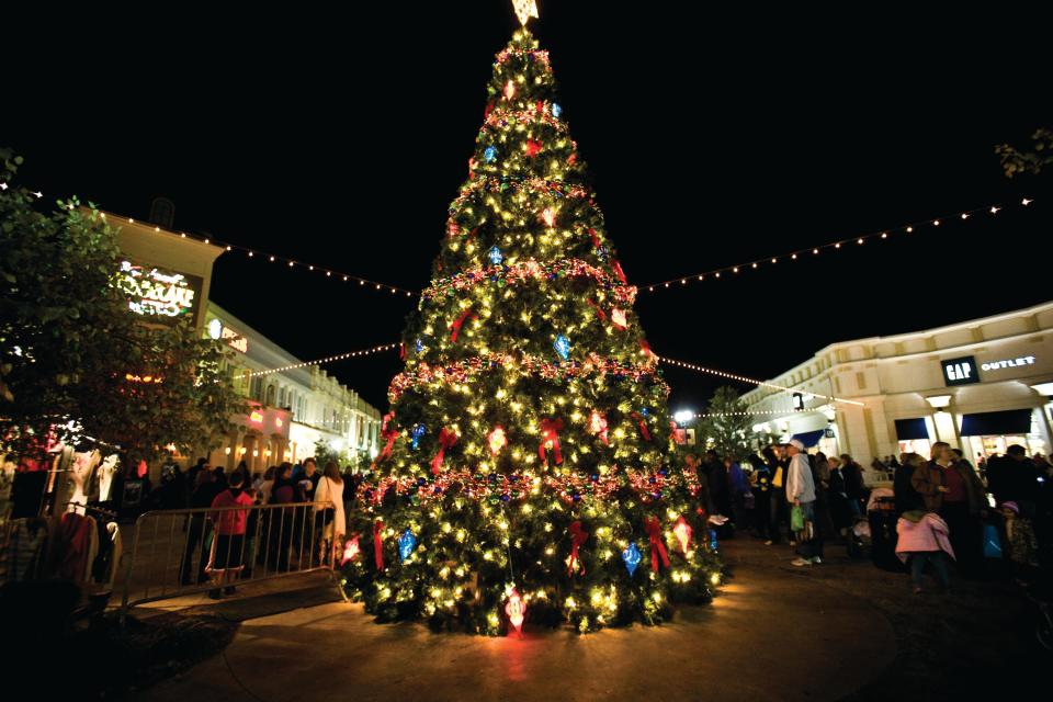 A Christmas tree lights up the Louisiana Boardwalk in Bossier City.