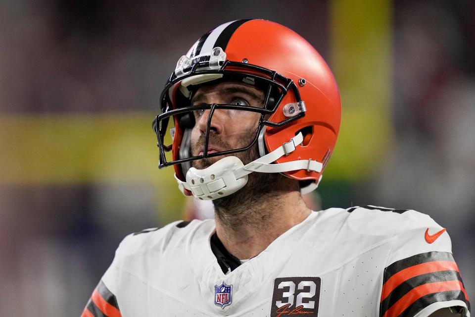 Cleveland Browns quarterback Joe Flacco reacts after throwing back-to-back pick sixes against the Houston Texans in a wild-card playoff game Jan. 13 in Houston.