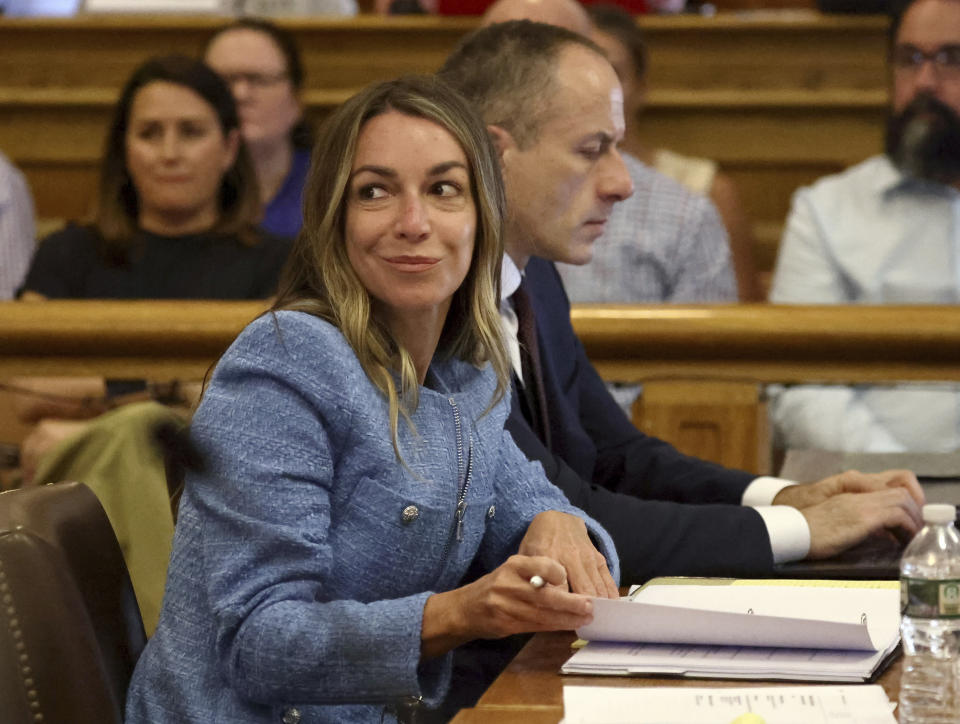 Karen Read smirks as her attorney cross examine Dr. Justin Rice during her murder trial at Norfolk Superior Court on Tuesday, May 28, 2024, in Dedham, Mass. (Stuart Cahill/The Boston Herald via AP, Pool)