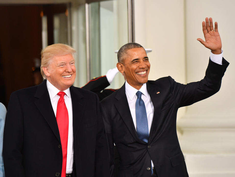 President Barak Obama (R) and President-elect Donald Trump smile at the White House before the inauguration on January 20, 2017 in Washington, D.C. Trump becomes the 45th President of the United States. Photo by Kevin Dietsch/Pool *** Please Use Credit from Credit Field ***