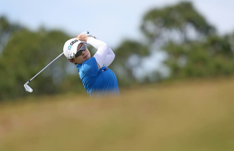 South Korea's Ji Eun-hee watches her tee shot at the third hole on the way to a share of the third-round lead in the 2019 LPGA Tournament of Champions