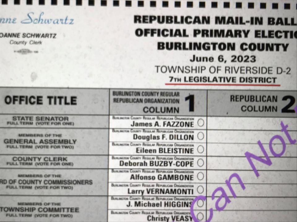 Burlington County sent corrected vote-by-mail ballots like this one to Riverside voters for the Republican primary June 6. It now properly lists the township  in the 7th Legislative District with the proper legislative candidates and also the proper party slogans for the two township committee candidates. Part of the phrase "sample ballot can not be voted" is missing because this is only a section of the entire ballot,