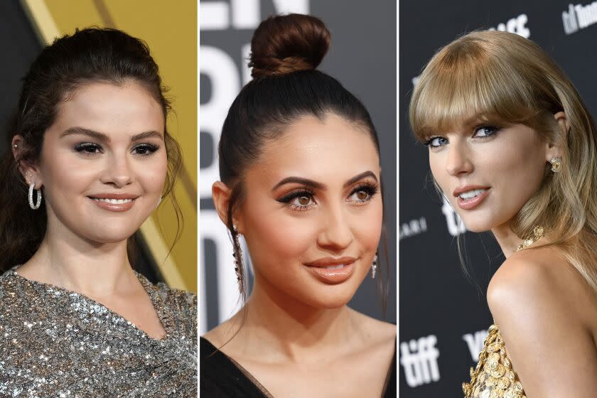 From left, Selena Gomez, Francia Raisa and Taylor Swift.