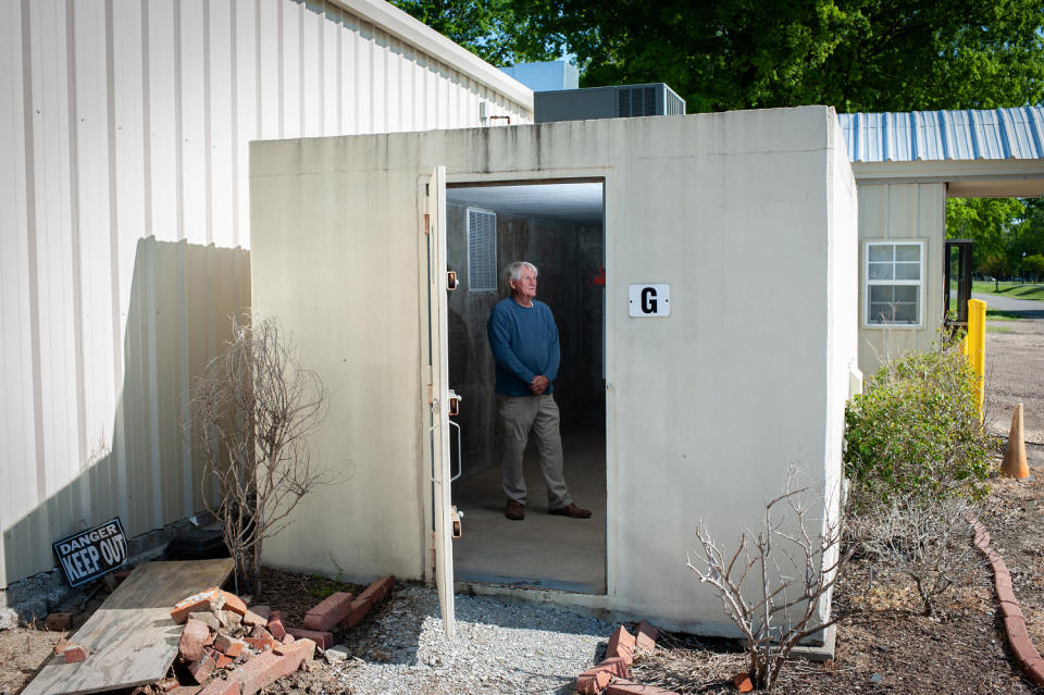 Police Chief Murry Roark stands  inside the main tornado shelter in Boyle, Miss. (Rory Doyle for NBC News)