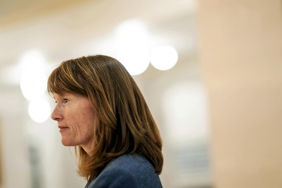 State Sen. Kathleen Riebe, D-Cottonwood Heights, gives an interview on election night at the Capitol in Salt Lake City on Tuesday, Nov. 21, 2023. Riebe is running against Republican Celeste Maloy in the special election to fill Rep. Chris Stewart's seat in the 2nd congressional district. (Spenser Heaps/The Deseret News via AP)