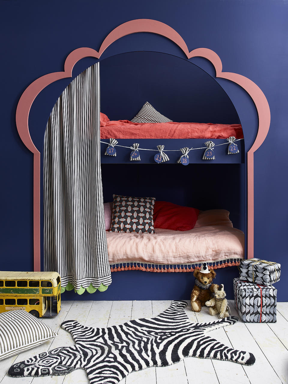 blue kids bedroom with built in beds