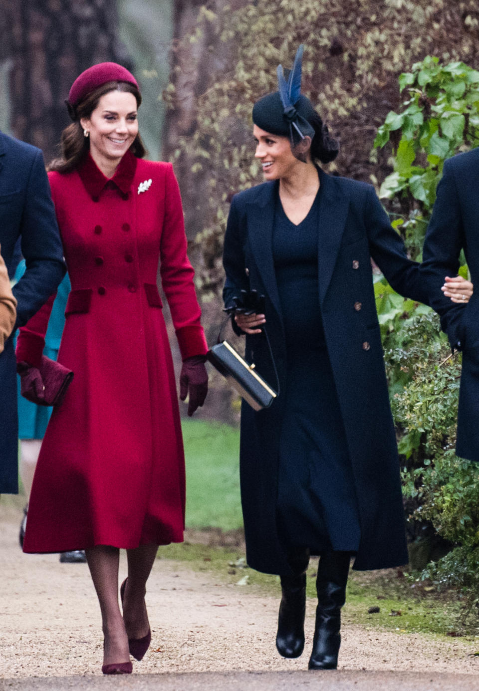 KING'S LYNN, ENGLAND - DECEMBER 25: Catherine, Duchess of Cambridge and Meghan, Duchess of Sussex attend Christmas Day Church service at Church of St Mary Magdalene on the Sandringham estate on December 25, 2018 in King's Lynn, England. (Photo by Samir Hussein/WireImage)