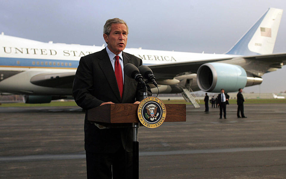 US President George W. Bush delivers a speech in front of Air Force One 