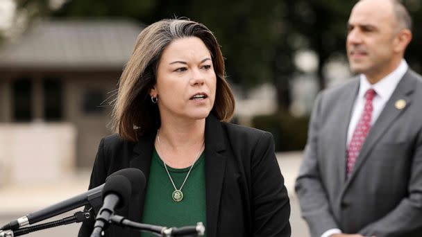 PHOTO: Rep. Angie Craig speaks at a press conference on the reintroduction of the bill 'Ensuring Women's Right to Reproductive Freedom Act' outside the U.S. Capitol Building on Feb. 02, 2023 in Washington. (Anna Moneymaker/Getty Images)