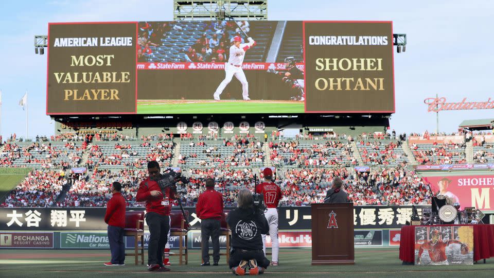 Los Angeles Angels two-way player Shohei Ohtani is honoured during a pregame ceremony at Angel Stadium in Anaheim, California, on May 10, 2022, for his 2021 American League MVP award. - Kyodo News/Getty Images