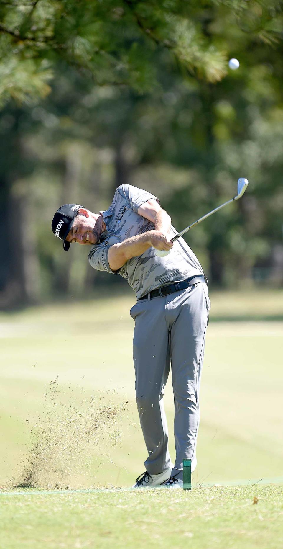 Keegan Bradley hits his approach shot on the 18th hole on the third day of the Sanderson Farms Championship at the Country Club of Jackson on Saturday, October 1, 2002, in Jackson, Miss.