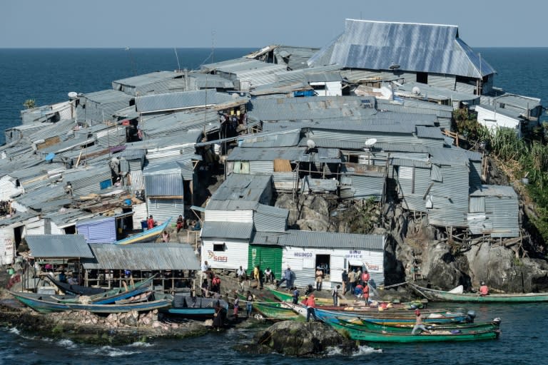 The densely populated island of Migingo in Lake Victoria is covered with corrugated-iron shacks