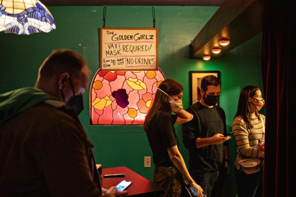 Attendees line up to enter the Cavern Club for the "Golden Girlz" tribute show.