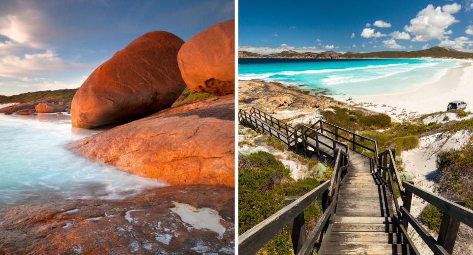 Esperance's giant granite boulders at Lucky Bay in the Cape Le Grand National Park. Stairs lead down to the beach from the lookout point. 