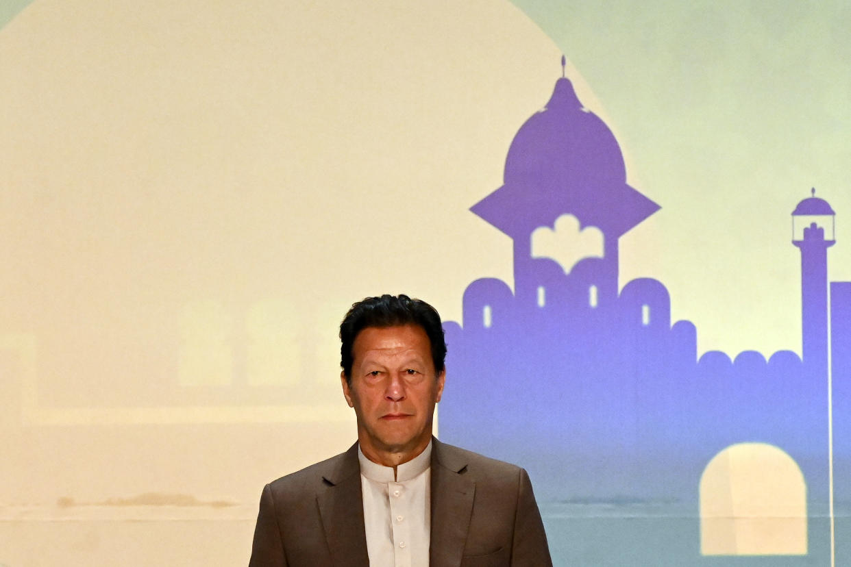 Pakistan's Prime Minister Imran Khan looks on during a Trade and Investments conference in Colombo, Sri Lanka.