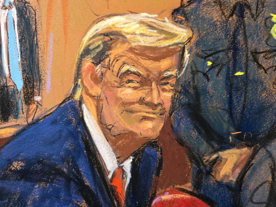 A court sketch of Donald Trump in court in Manhattan for a pretrial hearing in his hush money case.