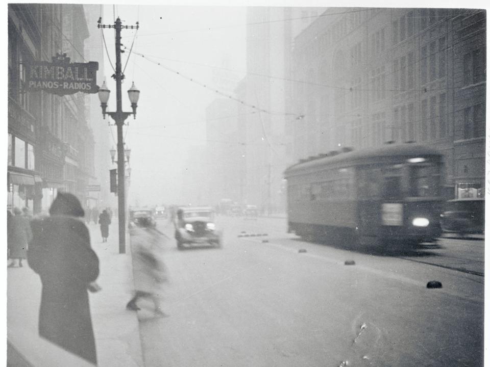 Kansas City blanketed in dust during a dust storm in 1935.