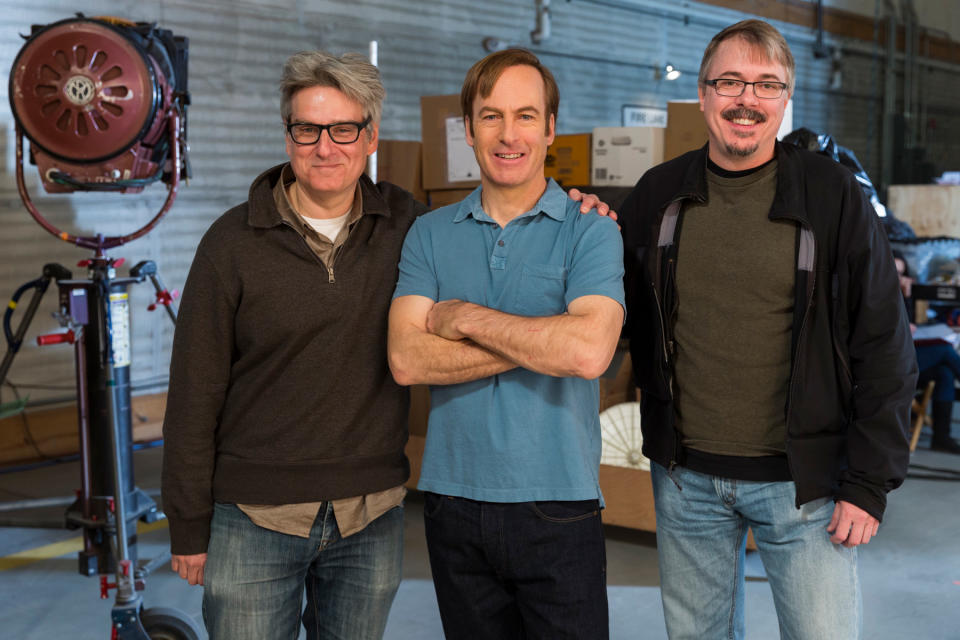 From left: Co-creator Peter Gould, Bob Odenkirk, and Vince Gilligan on set in Season Three. - Credit: Michele K. Short/AMC/Sony Pictur