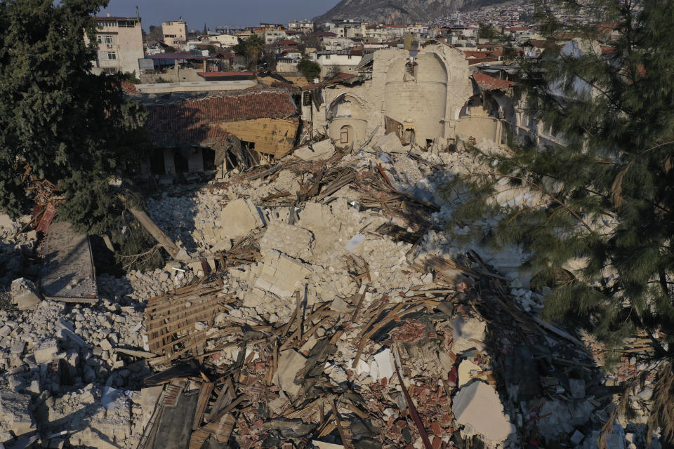 View of the Antioch Greek Orthodox Church which destroyed during the devastated earthquake, in the old city of Antakya, southern Turkey, Monday, Feb. 13, 2023. Antakya, known as Antioch in ancient times, has been destroyed many times by earthquakes. It was destroyed yet again by an earthquake earlier this month, and residents are wondering if its ancient glories will ever come back. (AP Photo/Hussein Malla)