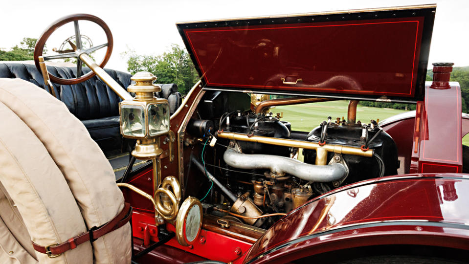 The 50 hp, 597 cc T-head engine inside a 1912 Simplex 50 HP Toy-Tonneau.