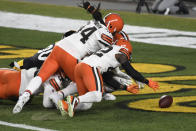 Cleveland Browns strong safety Karl Joseph (42) recovers a fumbled in the end zone for a touchdown during the first half of an NFL wild-card playoff football game against the Pittsburgh Steelers in Pittsburgh, Sunday, Jan. 10, 2021. (AP Photo/Don Wright)