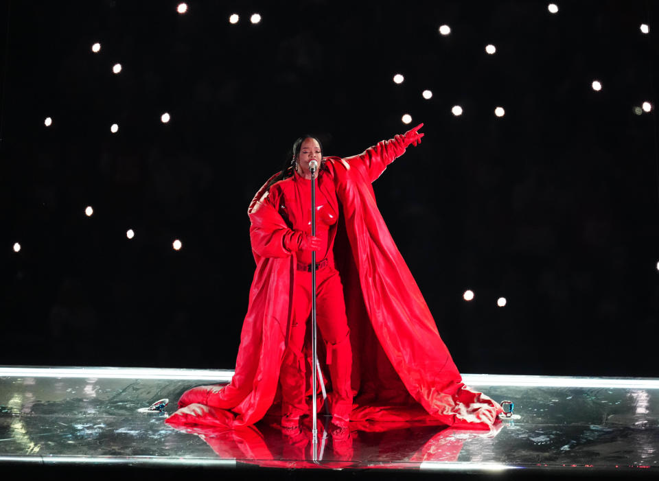 Recording artist Rihanna performs during halftime of Super Bowl LVII between the Kansas City Chiefs and Philadelphia Eagles at State Farm Stadium.