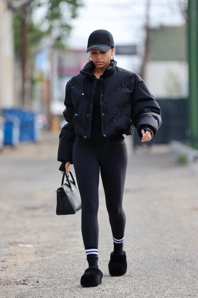 Lori Harvey Has a Monochrome Moment in Black Leggings, Puffer & Fuzzy  Slippers for Pilates Workout