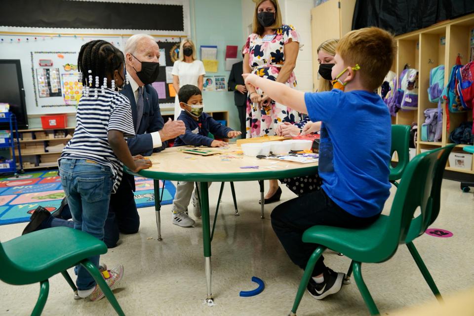 President Joe Biden talks to students during a visit to East End Elementary School to promote his Build Back Better agenda on Oct. 25 in North Plainfield, N.J.