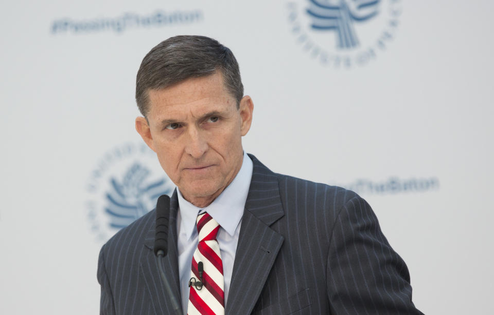 Michael Flynn, the national security adviser designate, speaks during a conference on the transition of the U.S. presidency from Barack Obama to Donald Trump at the U.S. Institute of Peace in Washington on Jan. 10, 2017.